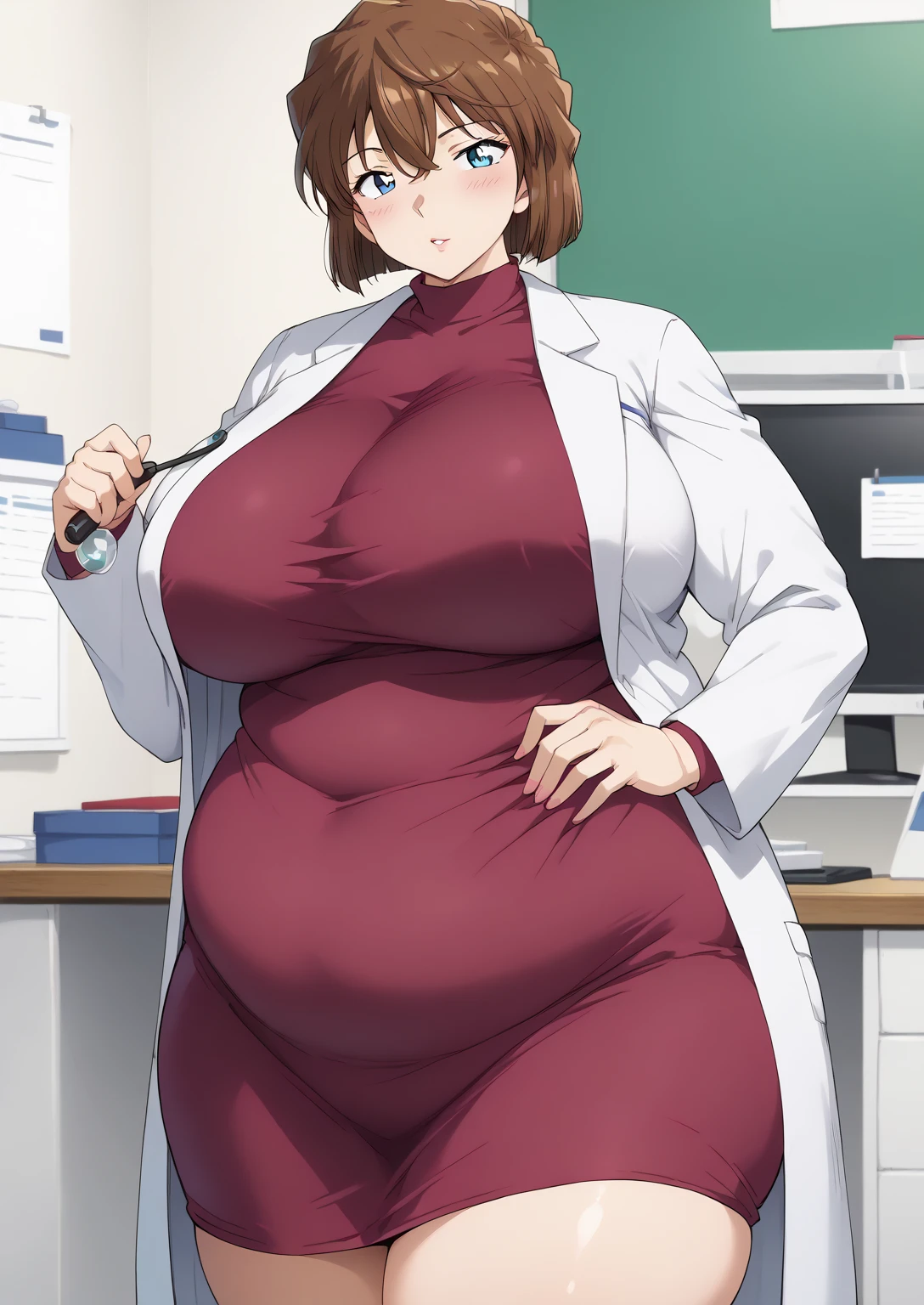 Shiho Miyano, Miyano Shiho, short hair,Brown Hair, blue eyes,hair between eyes,lab coat, Mulberry dress, long sleeve dress, mini skirt dress, score_9,   score_8_ up,   score_7_ up,   score_6_ up,   score_5_ up,   score_4_ up,     masterpiece   ,   top quality,     very aesthetic  ,    absurd,    source_Anime, Anime screencap,    one woman , Alone,   personal   ,  Super huge breasts, (((S uper huge クレビス, Super huge , Super huge boob))), Curvy,   in her 20s,  Mature Woman,   obese , ,  troubled expression,  