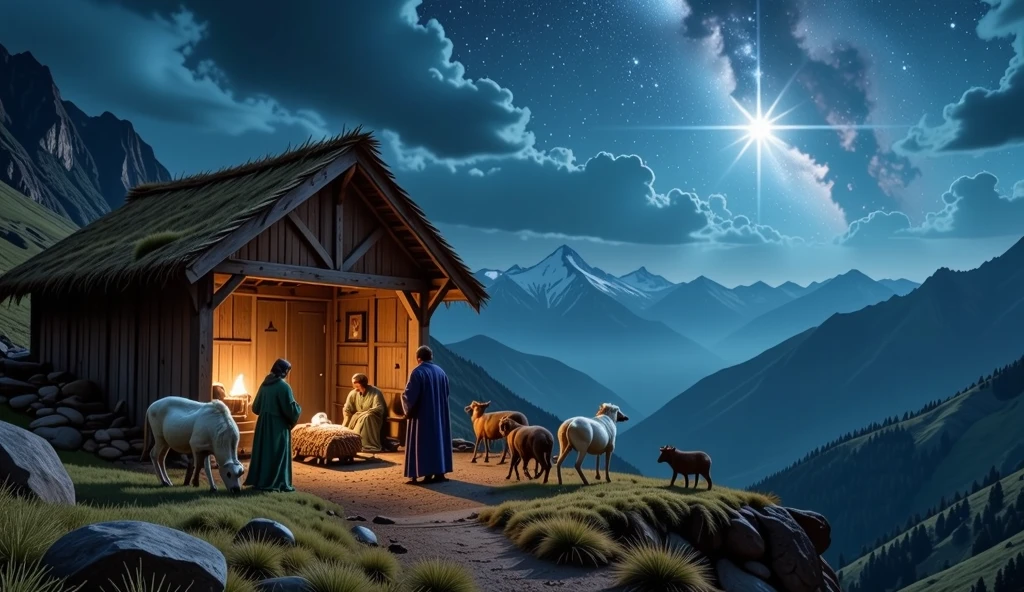 A serene and awe-inspiring depiction of the Nativity scene, bathed in soft, divine light. The stable is nestled in a vast, tranquil landscape, with towering mountains in the distance and a glowing star shining brightly above. The scene is filled with Mary, Joseph, and the newborn Jesus, with animals gathered around. The surrounding beauty of nature creates a sense of peace and majesty, conveying the divine significance of the birth. (((Intricate details))), (((highest quality))), (((extreme detail quality))), (((complex composition))).