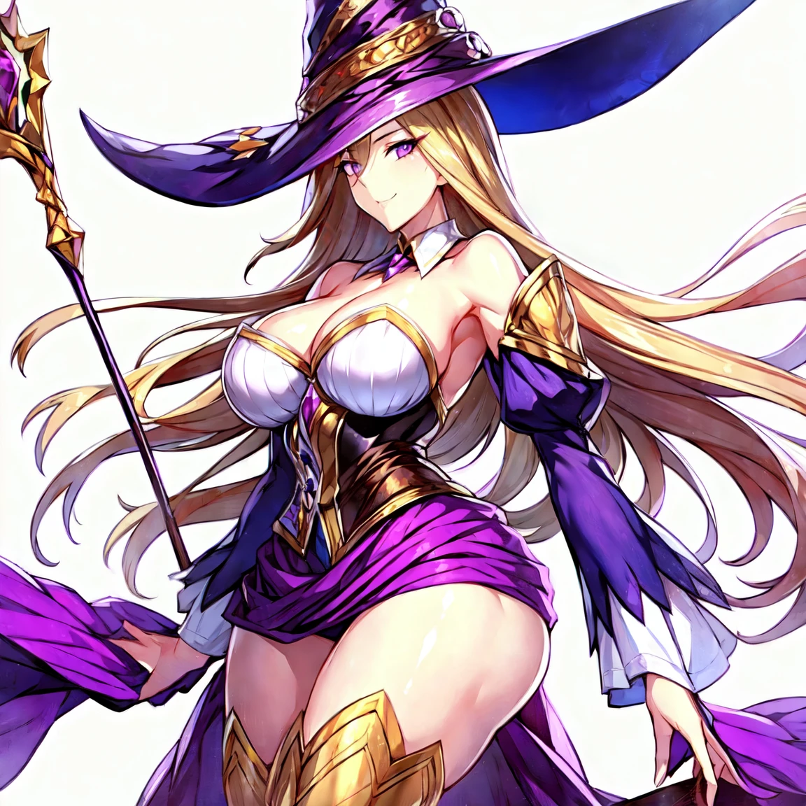 (masterpiece, best quality:1.2), 1girl, solo, beautiful witch, pointy hat, purple hat, purple clothes, dress, dress skirt, long waist skirt, corset,　fluffy sleeves, perfect sleeves, broach, jewelry, very long hair, brown blonde hair, purple eyes, bare shoulders, cleavage, large breasts, thighhighs, cowboy shot, arm pad, white breastplate, knee pad, dark blue sleeves, hair between eyes, detached collar, gleaming skin, oil skin, shiny skin, perfect proportion, perfect female body, perfect anatomy, perfect torso, perfect hands, perfect fingers, perfect face, perfect eyes, adult face, fearless face,　