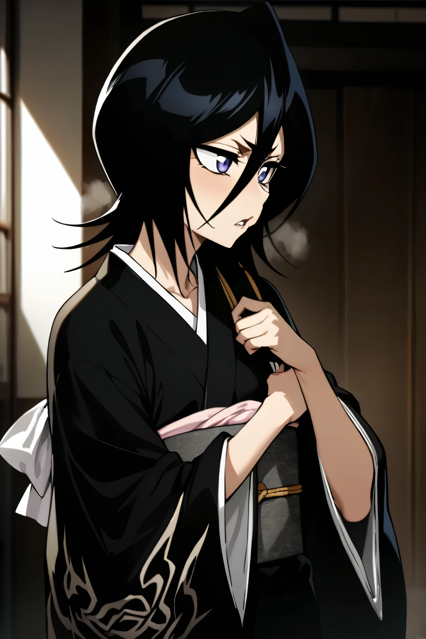 NSFW,masterpiece, top quality , high definition , very detailed, Kuchiki Rukia \(BLEACH\), short hair, black hair、 hair between eyes, kimono、 white ribbon 、Wide sleeves、kimono、黒いkimono