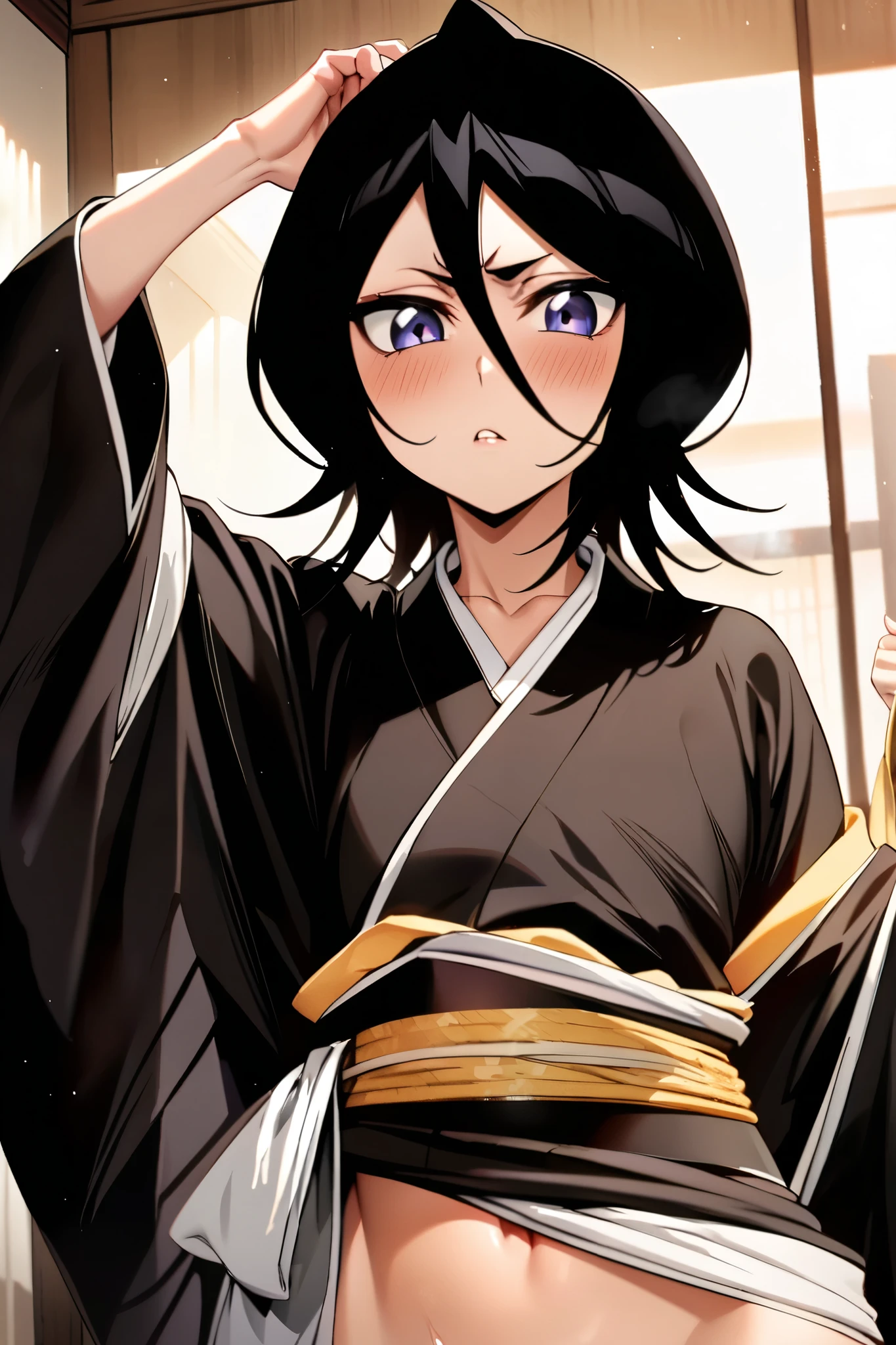 NSFW,masterpiece, top quality , high definition , very detailed, Kuchiki Rukia \(BLEACH\), short hair, black hair、 hair between eyes, kimono、 white ribbon 、Wide sleeves、kimono、黒いkimono