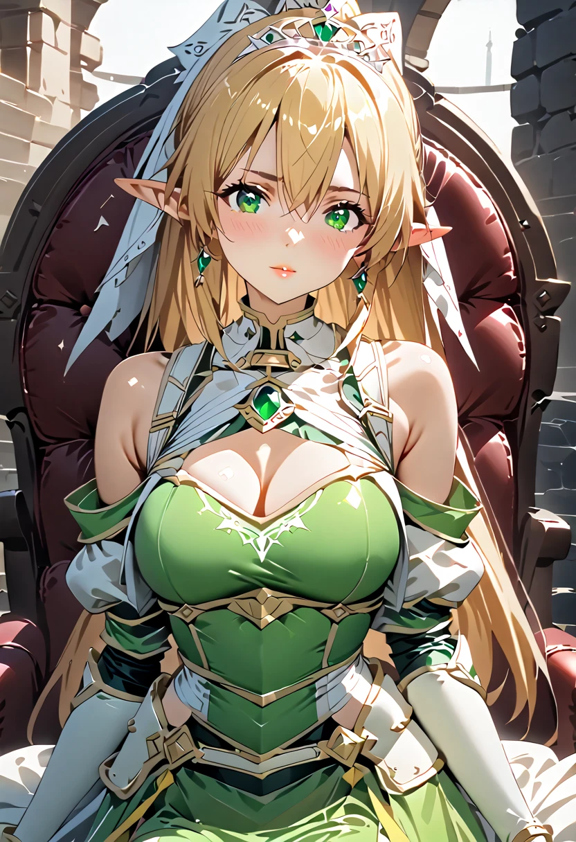 ((masterpiece)),  top quality ,  very detailed,( One Girl ), Kirigaya Naoha,  long hair, Elf Ears,  blondes, hair accessories,  green eyes,  ponytail,  hair tube,  dress, green  dress,  gloves, [Bare shoulders, gem,  clevis on a stone,  princess, elbow  gloves, tiara ,brooch,white  gloves、 ADULT WOMEN 、thin、 very beautiful in a chair 、 beautiful face、(((Green and white armor、breastplate、Shiny Armor:1.2)))、 gold earrings、Grey Hair,  green eyes,  pink lips,  cowboy shot