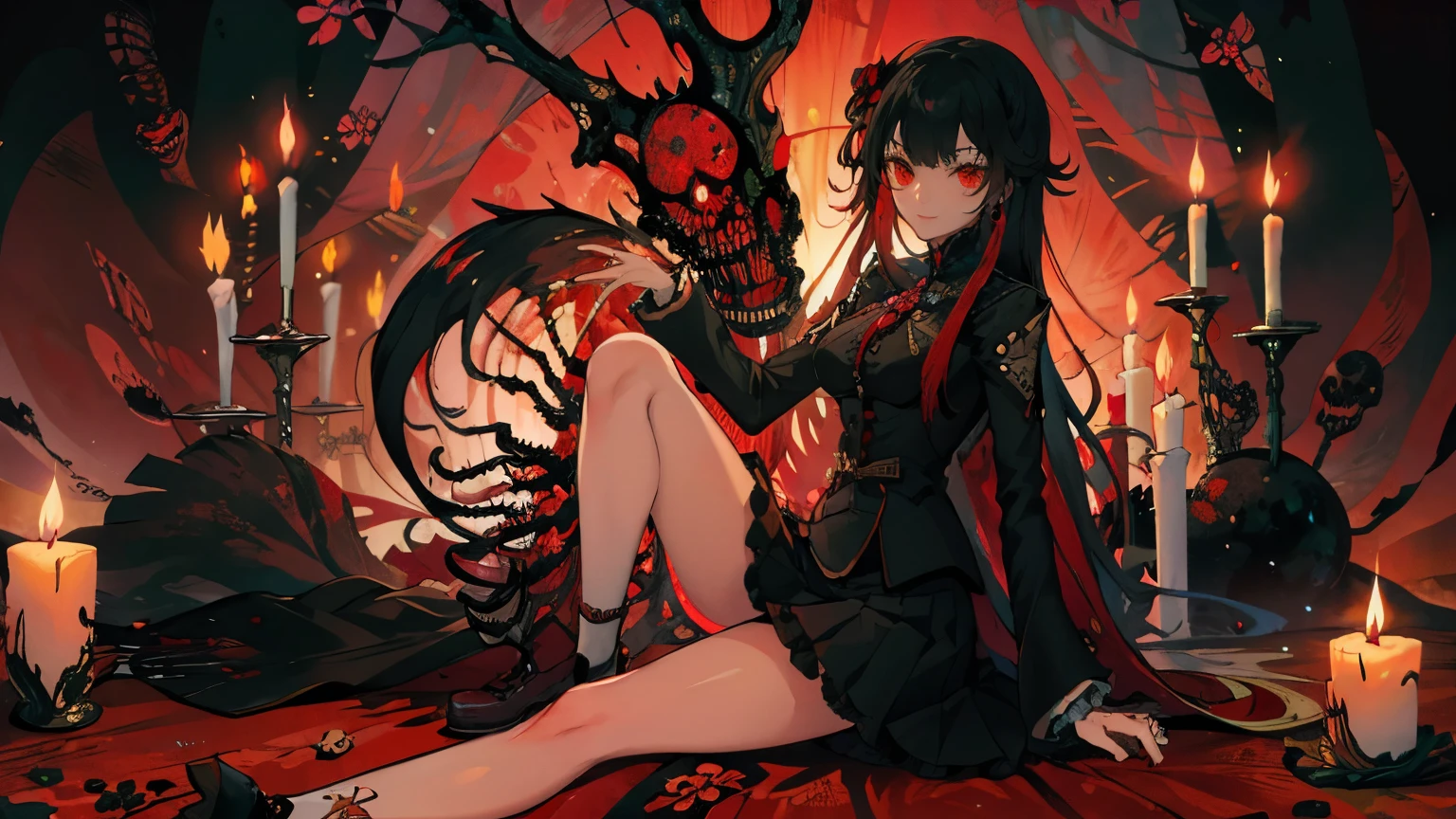 masterpiece,  top quality ,  detailed, woman,  beautiful,  elegant , smile, Blood, iridescent  long hair, bangs,  skirt,  shirt,  Long Sleeve , frills, shoes, (Red and Black:1.4), flower, Creepy,  horror, 頭蓋bones,  long hair,  black hair,  candle,   hair flower , Alone, hair accessories, bone,  sitting, doll, 頭蓋bone,  skeleton ,   horror (theme)