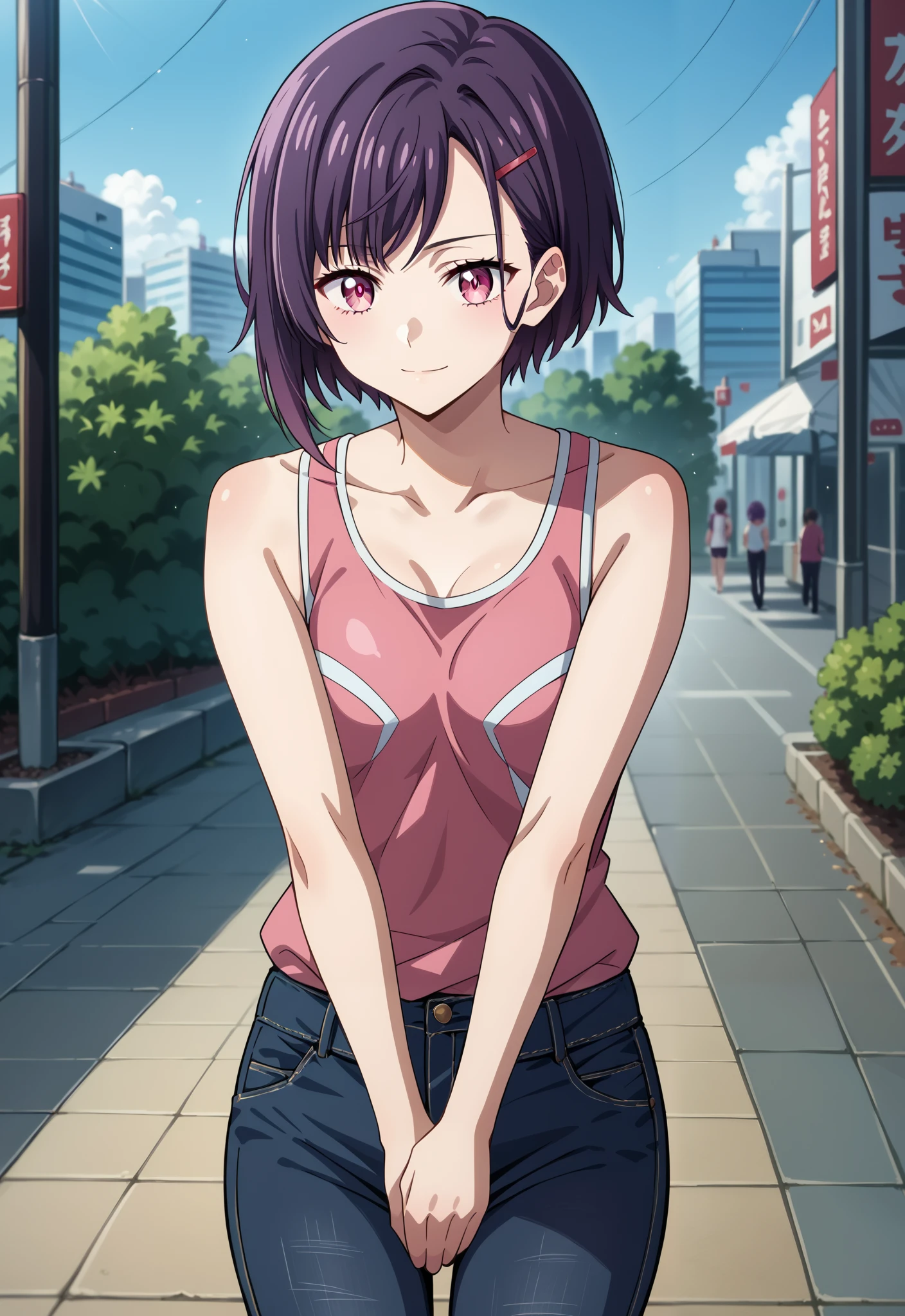 score_9, score_8_up, score_7_up, source_anime, 4K,perfect fingers,(perfect hands, perfect anatomy),
1girl,solo,shizukamikazuki, shizuka mikazuki, short hair, purple hair, hair ornament, hairclip, pink eyes, swept bangs,
wearing ((black jeans, tanktop)),
standing,(Lower your hands forward:1.5), facing at camera, lightsmile,