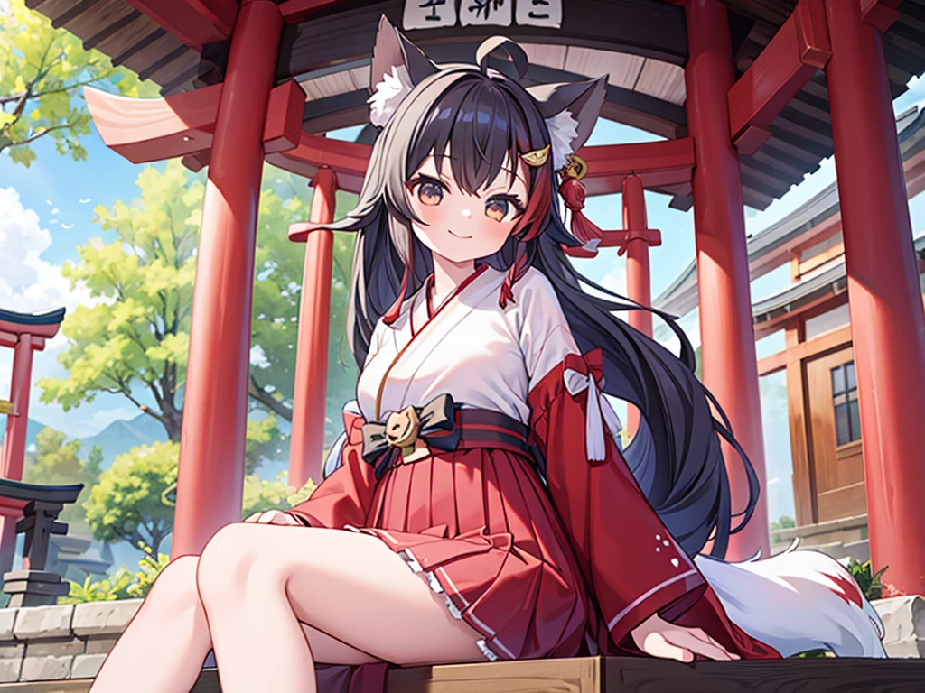 ((4k、8k、top-quality、perfect fingers: 1.3、perfect anatomia: 1.3、Background blur))、((1人))、((sixteen years old、a beauty girl 、a baby face、(Red and white leotard show shrine maiden clothes、long-sleeve)、long straight hair、beautiful big slanted eyes))、Happy smiling face、Full body display、Blue summer sky、meadow by the lake、