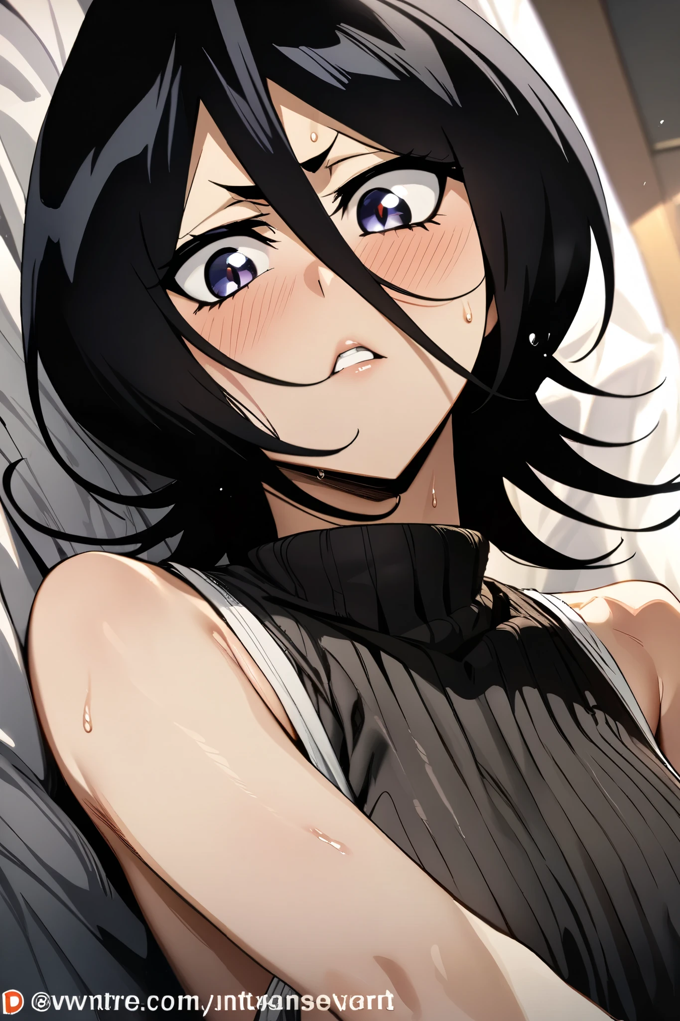 NSFW,masterpiece, top quality , high definition , very detailed, Kuchiki Rukia \(BLEACH\), short hair, black hair、 hair between eyes, Turtleneck Sweaters , sleeveless