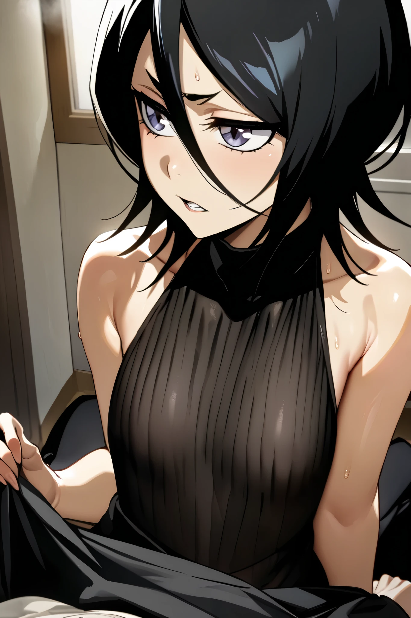 NSFW,masterpiece, top quality , high definition , very detailed, Kuchiki Rukia \(BLEACH\), short hair, black hair、 hair between eyes, Turtleneck Sweaters , sleeveless