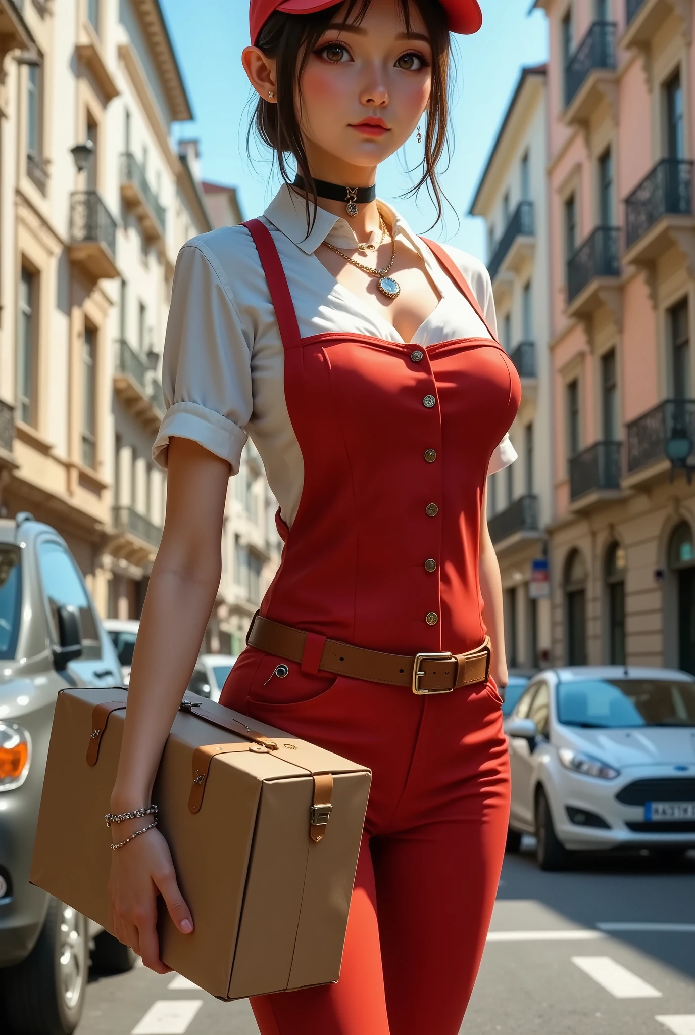 Female courier, Touring,  on the way to delivery , On the city streets,  high detail, 4K, masterpiece.