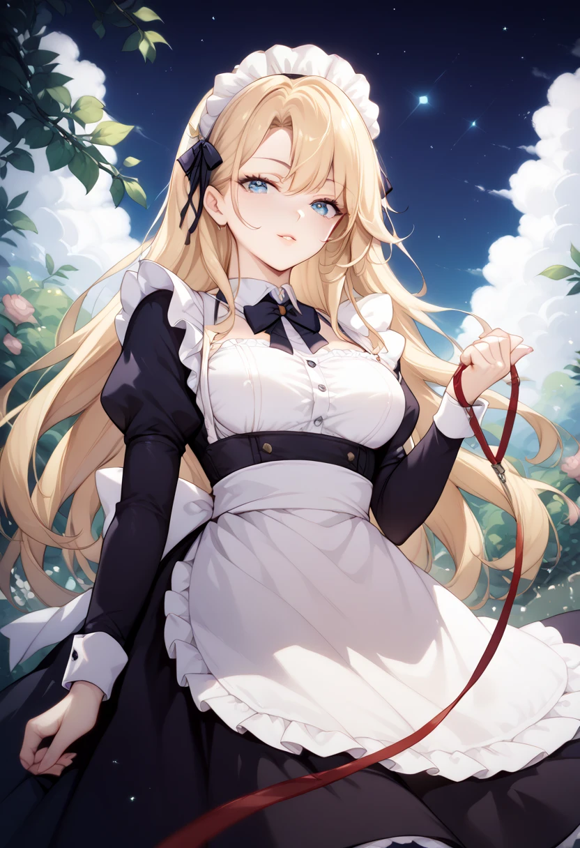    beautiful long blonde 　maid, maid apron, maid headdress, puffy sleeves　Garden at night　 whole body　 viewer_on_leash, viewer on leash　  lower angle 　  long skirt　Contemptuous Eyes