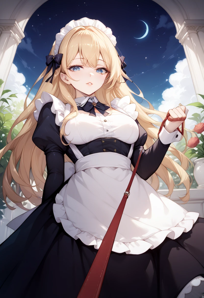    beautiful long blonde 　maid, maid apron, maid headdress, puffy sleeves　Garden at night　 whole body　 viewer_on_leash, viewer on leash　  lower angle 　  long skirt　Contemptuous Eyes