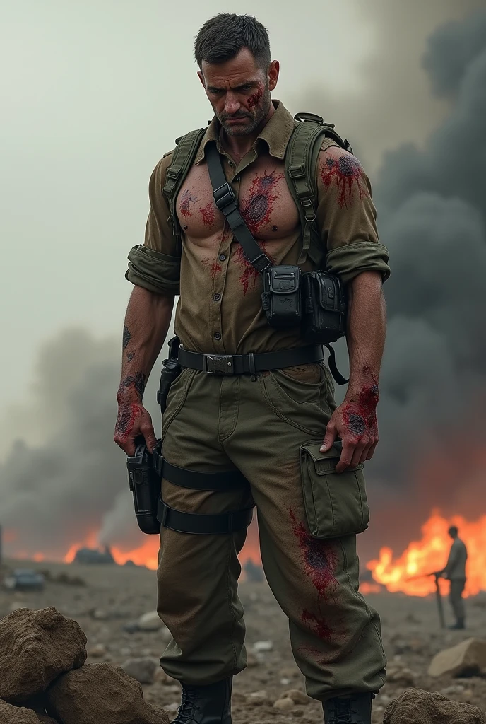Soldier wounded ,war background, without shirt muscular