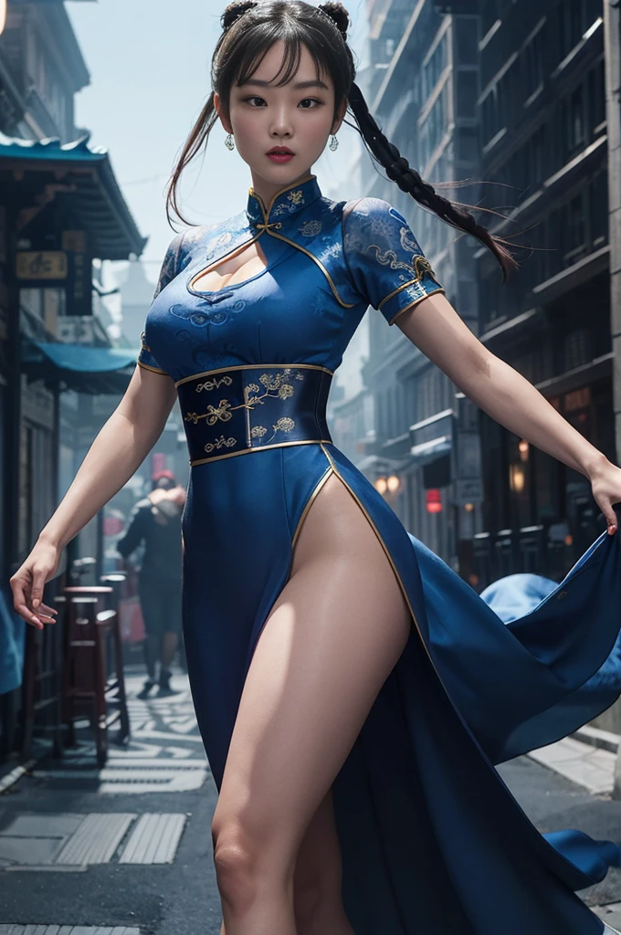 Blue cheongsam、((​masterpiece、best qualified))、1girl in、solo、ChunLi、The upper part of the body、Beautiful night street background