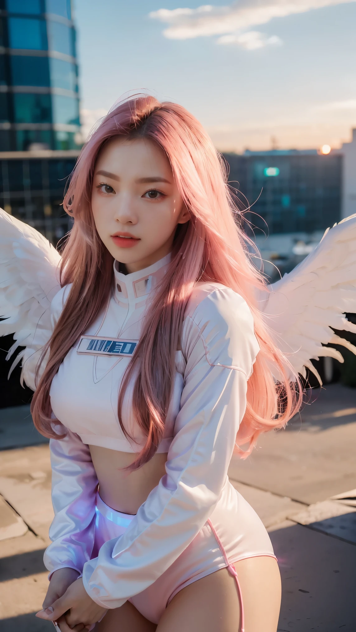 ((masterpiece, best quality, extremely detailed), volumetric lighting, ambient occlusion, colorful, glowing),
1girl, solo, young girl, (pink hair), long hair, halo, aura, sacred, godness, cyber suit, (white outfit:1.3), android, bot, angel wings,
outdoors, sunset, sky, clouds, space, (cyberpunk theme:1.2),