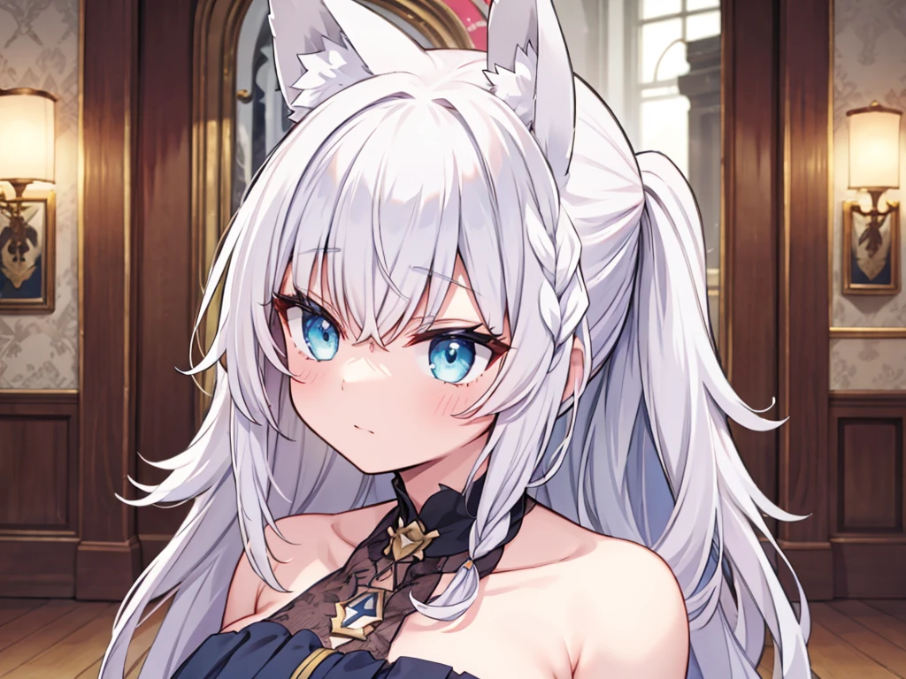 (masterpiece, best quality), 1girl, beautiful face, <lora:schwarz_arknights:1> schwarz_arknights, animal_ears, grey_hair, long_hair, cat_ears, bangs, yellow_eyes, ponytail, breasts, hair_between_eyes, upper_body, cleavage, large_breasts