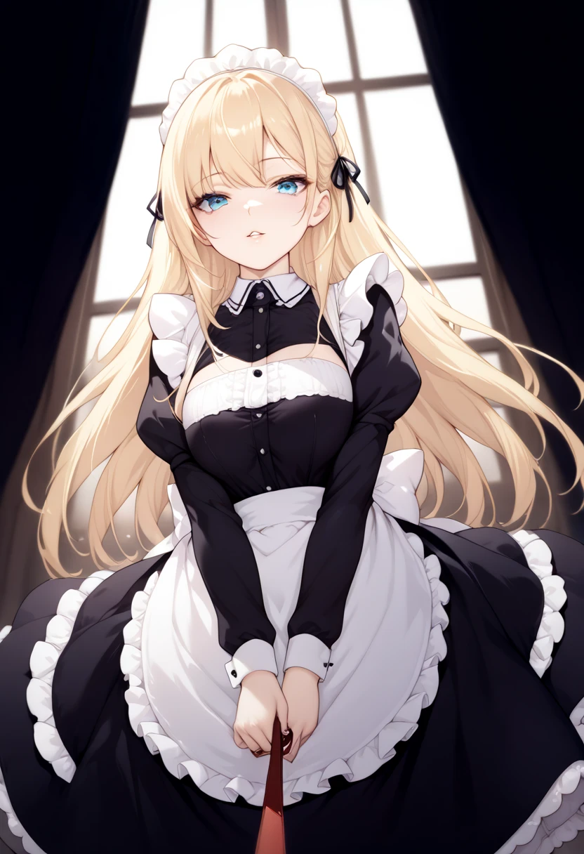    beautiful long blonde 　maid, maid apron, maid headdress, puffy sleeves　 viewer_on_leash, viewer on leash　  lower angle 　  Long Skirt 　 sit on the bed　 open your crotch　 facing the front　full shot