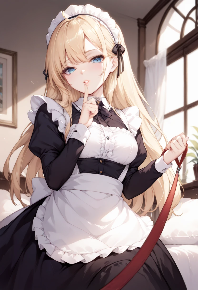    beautiful long blonde 　maid, maid apron, maid headdress, puffy sleeves　 viewer_on_leash, viewer on leash　  lower angle 　  long skirt　 sit on the bed　 open your crotch　 face forward