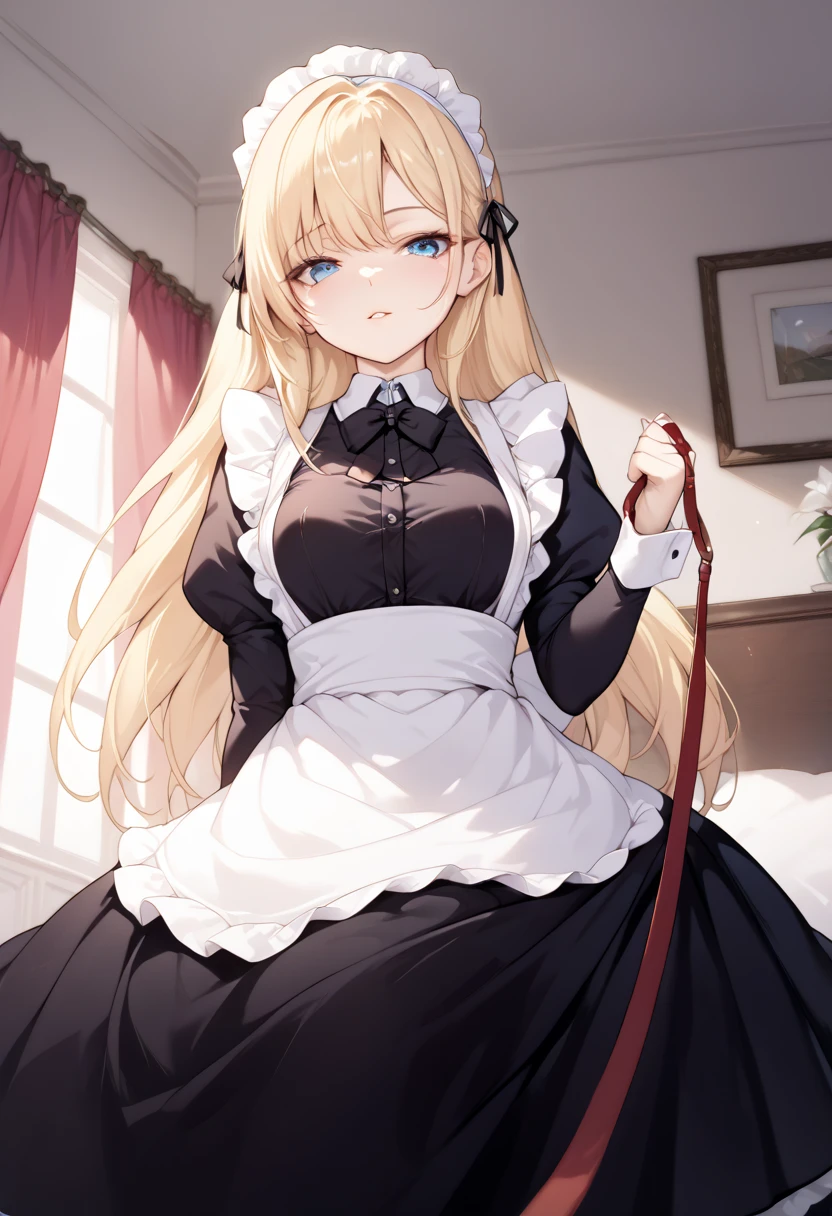    beautiful long blonde 　maid, maid apron, maid headdress, puffy sleeves　 viewer_on_leash, viewer on leash　  lower angle 　  long skirt　 sit on the bed　 open your crotch　 face forward