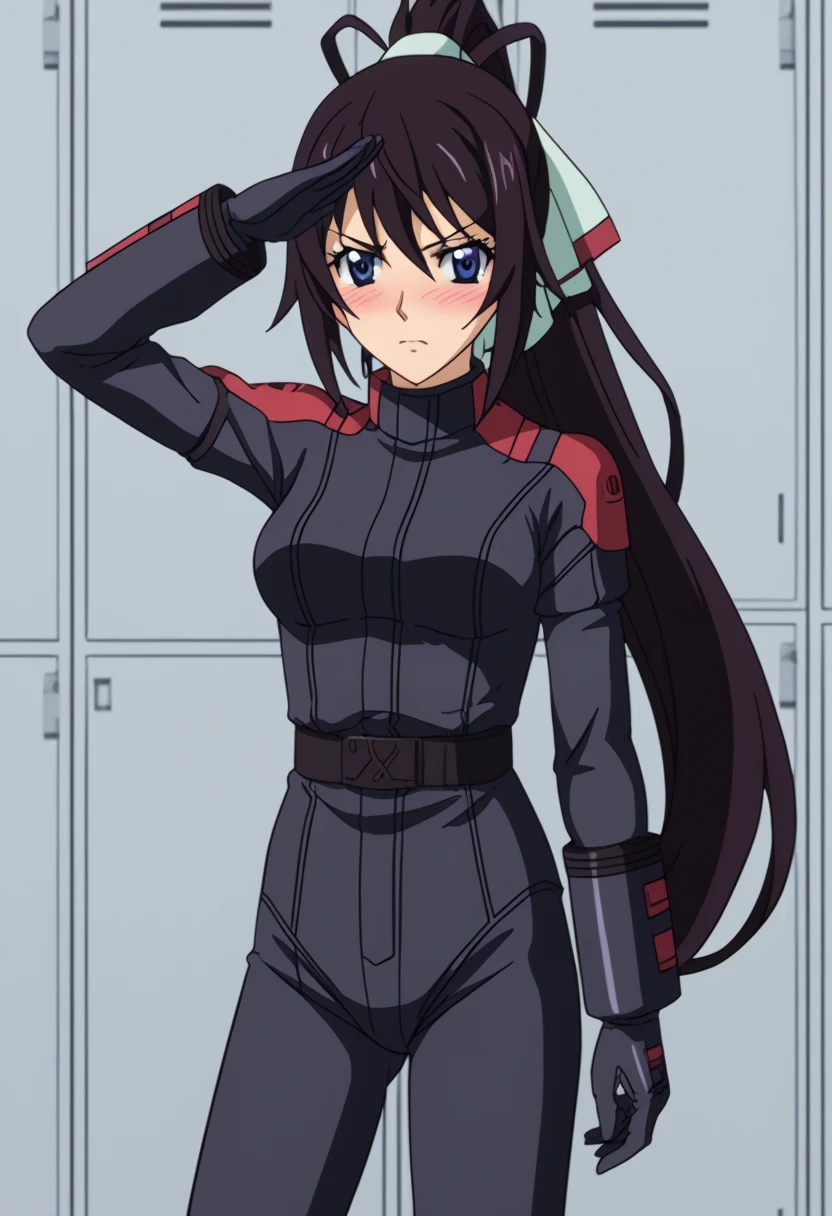 Z Gundam pilot suit, ( black pilot suit for piloting a machine:1.5) 、,score_9、 score_8_ up、 score_7_ up、 Destroys Top Quality 、 Refined details 、  Source Anime  、  1 girl、、solo、Houki Shinonono、 long hair、 blue eyes、 black hair、ribbon、ヘアribbon、 ponytail、、locker room,salute、serious、blush