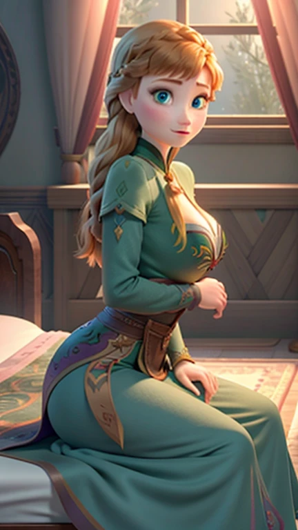 Photo of Anna of Arendelle as a tenis player, tenis court, tenis clothes, tenis outfit, action: playing tenis, Anna from Disney Frozen movie, tall and sexy, superb face, perfect body, provocative, Nice, show breasts, huge breasts, tall, sexy legs, bursting huge breasts, wide hips, busty, sexy, enormous breasts, happy. Sitting on bed, spreading legs