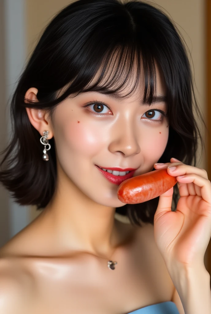 (realistic, photo-realistic:1.4), (best quality, masterpiece:1.2), RAW photo, high resolution, intricate details, extremely detailed, insanely detailed, incredibly detailed, realistic and sharp details, portrait, looking at the camera, solo, a Japanese mature woman, (eating a huge sausage in hand, shovel a long sausage deep into mouth:1.4), (dress ,strapless, sleeveless, bare shoulders:1.2), necklace, earrings, jewelry, detailed face, beautiful detailed eyes, beautiful pupils, sophisticated nose, pale skin, fine-textured skin, photo background, indoors, high-class hotel,