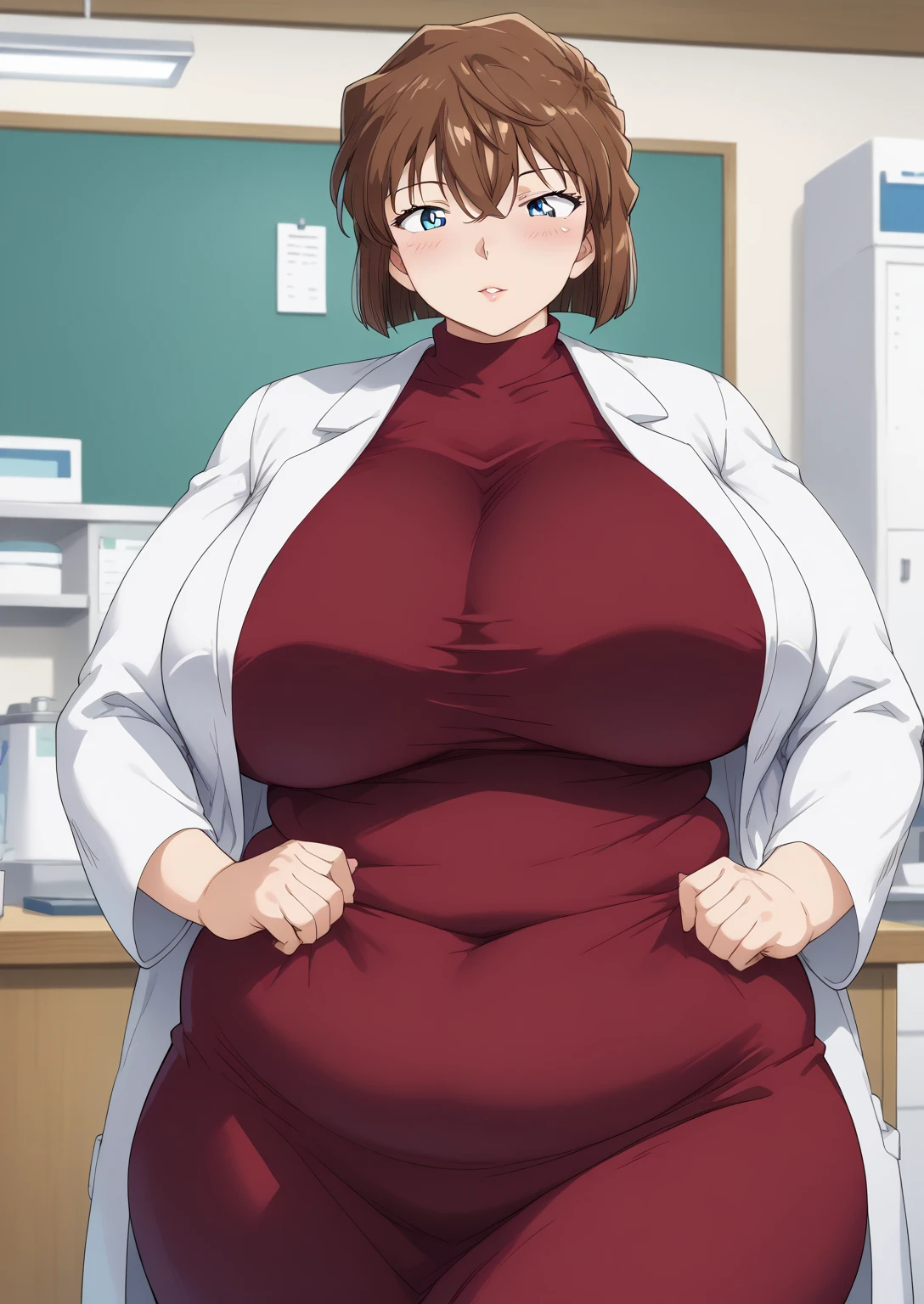 Shiho Miyano, Miyano Shiho, short hair,Brown Hair, blue eyes,hair between eyes,lab coat, Mulberry dress, long sleeve dress, mini skirt dress, score_9,   score_8_ up,   score_7_ up,   score_6_ up,   score_5_ up,   score_4_ up,     masterpiece   ,   top quality,     very aesthetic  ,    absurd,    source_Anime, Anime screencap,    one woman , Alone,   personal   ,  Super huge breasts, (((S uper huge クレビス, Super huge , Super huge boob))), Curvy,   in her 20s,  Mature Woman,   obese , ,  troubled expression,  