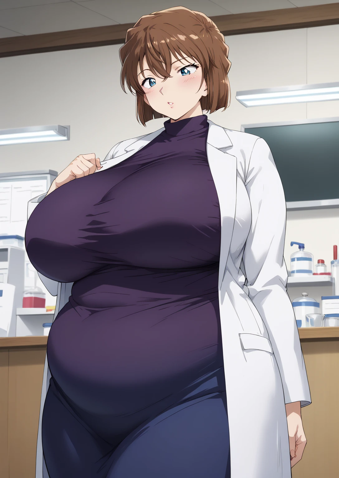 Shiho Miyano, Miyano Shiho, short hair,Brown Hair, blue eyes,hair between eyes,lab coat, Mulberry dress, long sleeve dress, mini skirt dress, score_9,   score_8_ up,   score_7_ up,   score_6_ up,   score_5_ up,   score_4_ up,     masterpiece   ,   top quality,     very aesthetic  ,    absurd,    source_Anime, Anime screencap,    one woman , Alone,   personal   ,  Super huge breasts, (((S uper huge クレビス, Super huge , Super huge boob))), Curvy,   in her 20s,  Mature Woman,   obese , ,  troubled expression,  