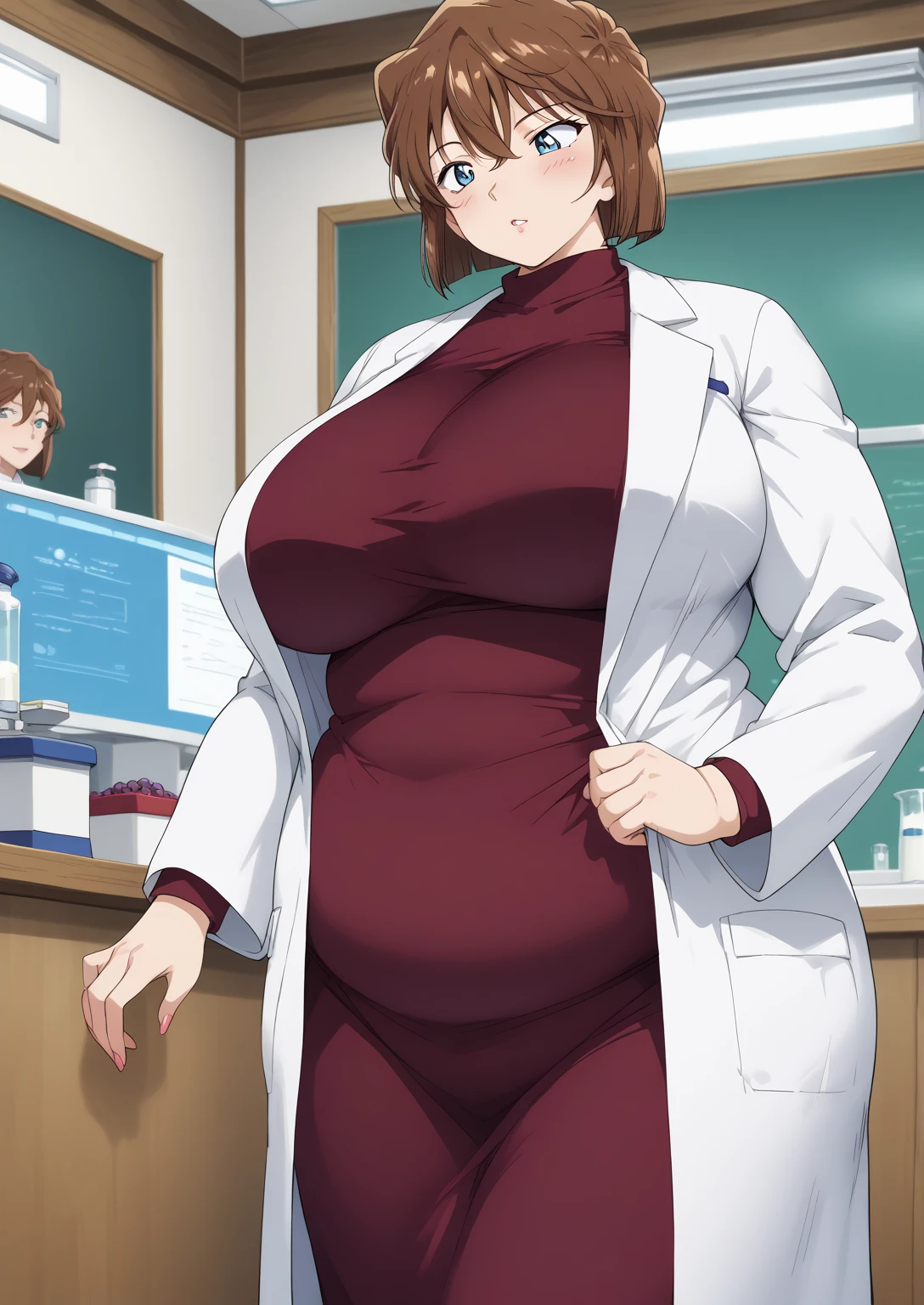 Shiho Miyano, Miyano Shiho, short hair,Brown Hair, blue eyes,hair between eyes,lab coat, Mulberry dress, long sleeve dress, mini skirt dress, score_9,   score_8_ up,   score_7_ up,   score_6_ up,   score_5_ up,   score_4_ up,     masterpiece   ,   top quality,     very aesthetic  ,    absurd,    source_Anime, Anime screencap,    one woman , Alone,   personal   ,  Super huge breasts, (((S uper huge クレビス, Super huge , Super huge boob))), Curvy,   in her 20s,  Mature Woman,   obese , ,  troubled expression,  