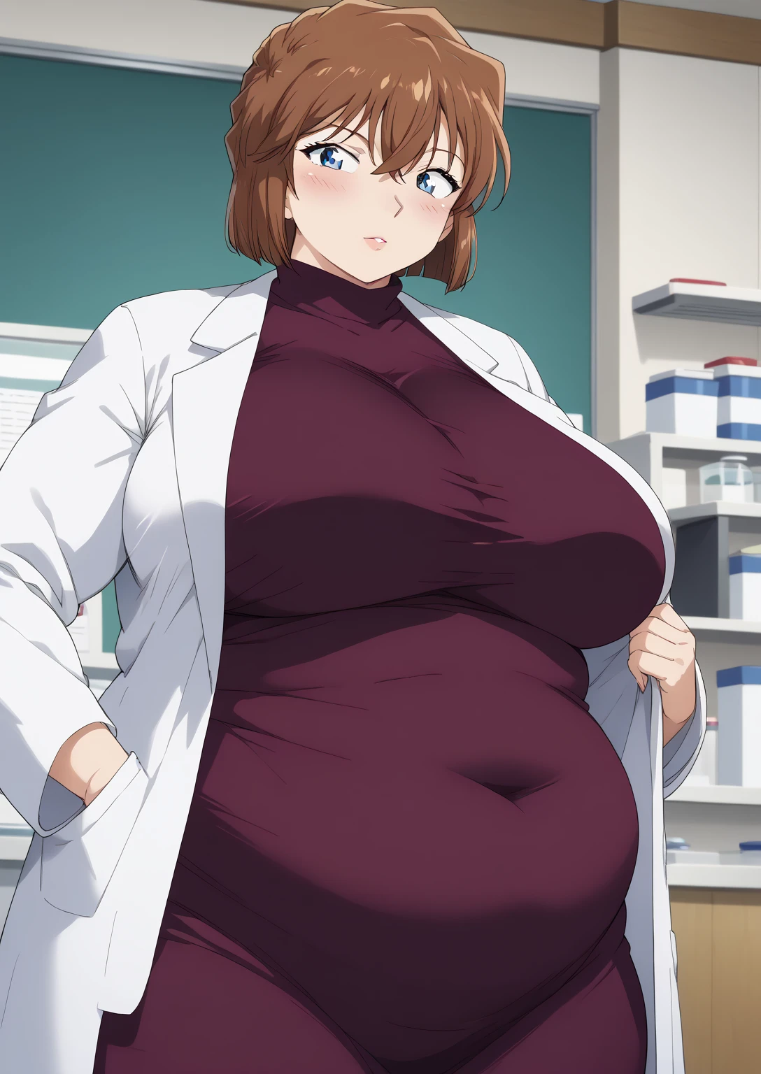 Shiho Miyano, Miyano Shiho, short hair,Brown Hair, blue eyes,hair between eyes,lab coat, Mulberry dress, long sleeve dress, mini skirt dress, score_9,   score_8_ up,   score_7_ up,   score_6_ up,   score_5_ up,   score_4_ up,     masterpiece   ,   top quality,     very aesthetic  ,    absurd,    source_Anime, Anime screencap,    one woman , Alone,   personal   ,  Super huge breasts, (((S uper huge クレビス, Super huge , Super huge boob))), Curvy,   in her 20s,  Mature Woman,   obese , ,  troubled expression,  