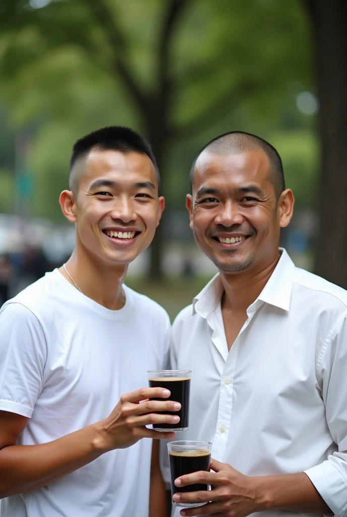 Adult male from Vietnam 50 years old, next to a beautiful young sexy gentleman 20-year-old , Take selfies, laughing,full-naked