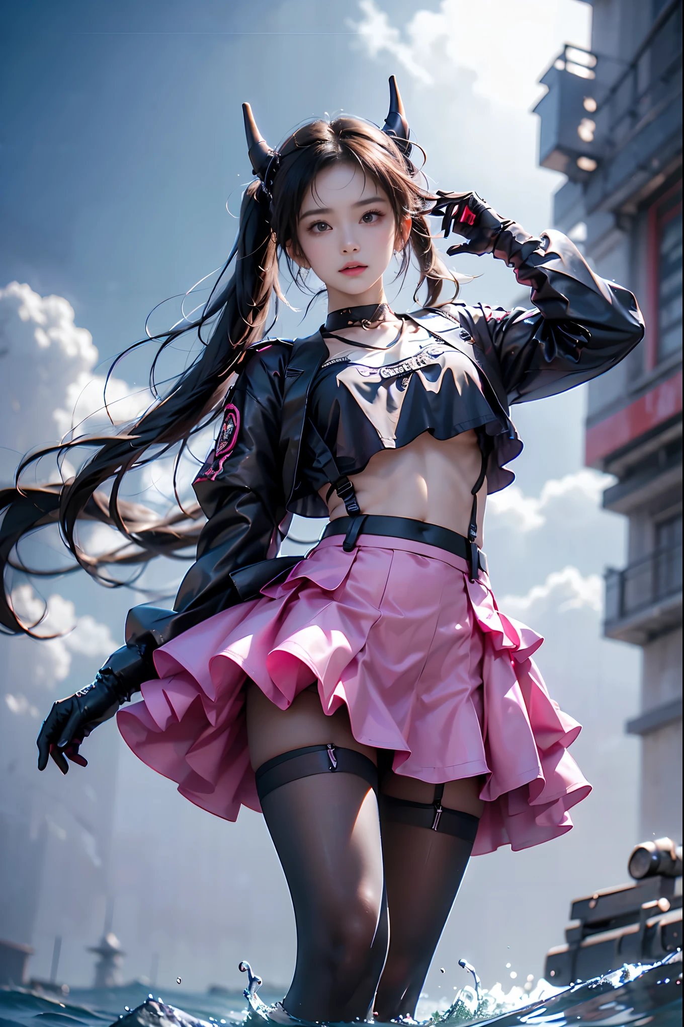 hllwngm outfit, pink visor cap, headset, black collar, pink demon wings, demon tail, demon horns, cropped jacket, open jacket, crop top, cleavage, suspenders , black detached sleeves, black fingerless gloves , pink layered miniskirt, black waist apron , brown thighhighs, black knee boots ((whole body:1.4)), ((From below:1.2)), (realistic:1.4), 1 young woman, (Full breasts, You can see , Very short skirt ,   Show smooth thighs  ,   correct beautiful legs  ),  beautiful asian woman , Sitting,  Look at the camera or slightly towards the lens , Maintain a natural expression ,   Highlight your long, slender legs ,   Shoot from a low angle  ,  Clear blue sky，Floating white clouds ,  The background is the high seas ,  Marine environment ,   Reflect the sparkling surface of the water , cinematographic, Professional Photography,  clearly focused,  Prime time lighting ,  soft shadows ,  by Strongbana ,  Surrealism , 85mm lens, f2.8, Perfect composition,  super detailed