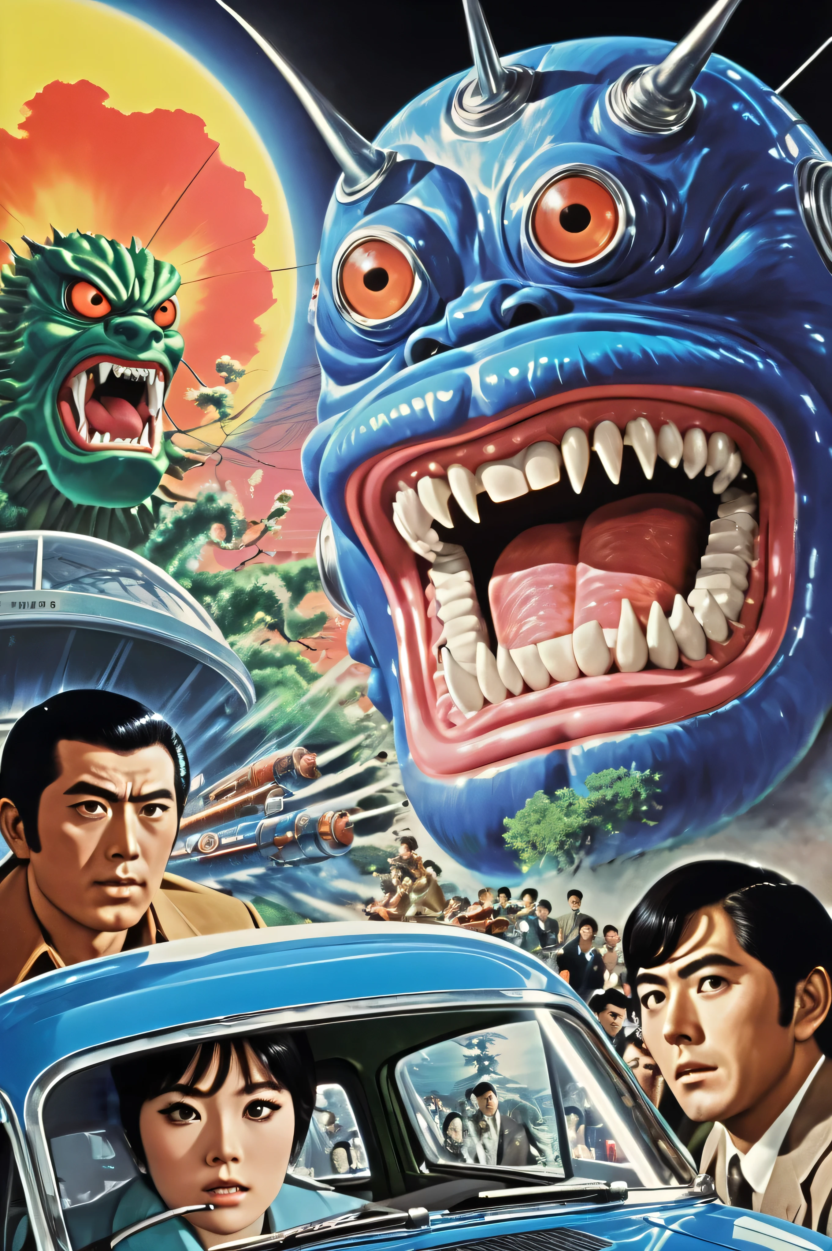 Manga characters, 1970's comic art , 1970's Japanese TV show monster, detailed Digital Paint, bright color, dynamic composition , Dramatic lighting, vintage aesthetics , ( top quality,4K,8k, high definition ,masterpiece:1.2), {{more}} ,( realistic ,photo realistic ,photo- realistic :1.37), Extremely Detailed Eyes and Faces , has long eyelashes, Beautifully Drawn , dynamic composition ,Dramatic lighting, bright color, retro anime style poster 、 retro futuristic ,1960s anime , 1970's Japanese TV , Tsuburaya Productions , hero , godzila , SFX transformation hero , Manga art, Digital Paint