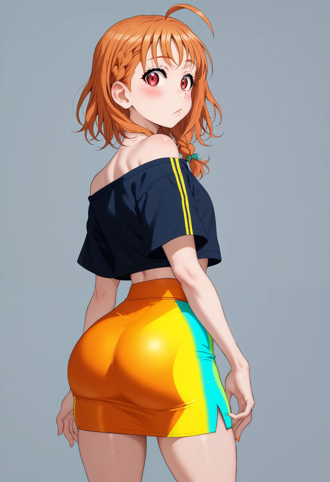  takami chika, medium hair, orange hair,red eyes, standing, sporty athletic build, vibrant colors, RUKIA Style, ahoge, blush, braid, side braid, aroused, split mouth, straight tight skirt,half open eyes, unbalanced,off guard,over shoulder look ,looking back ,back turned ,turned head ,feminine pose ,side glance,round hip