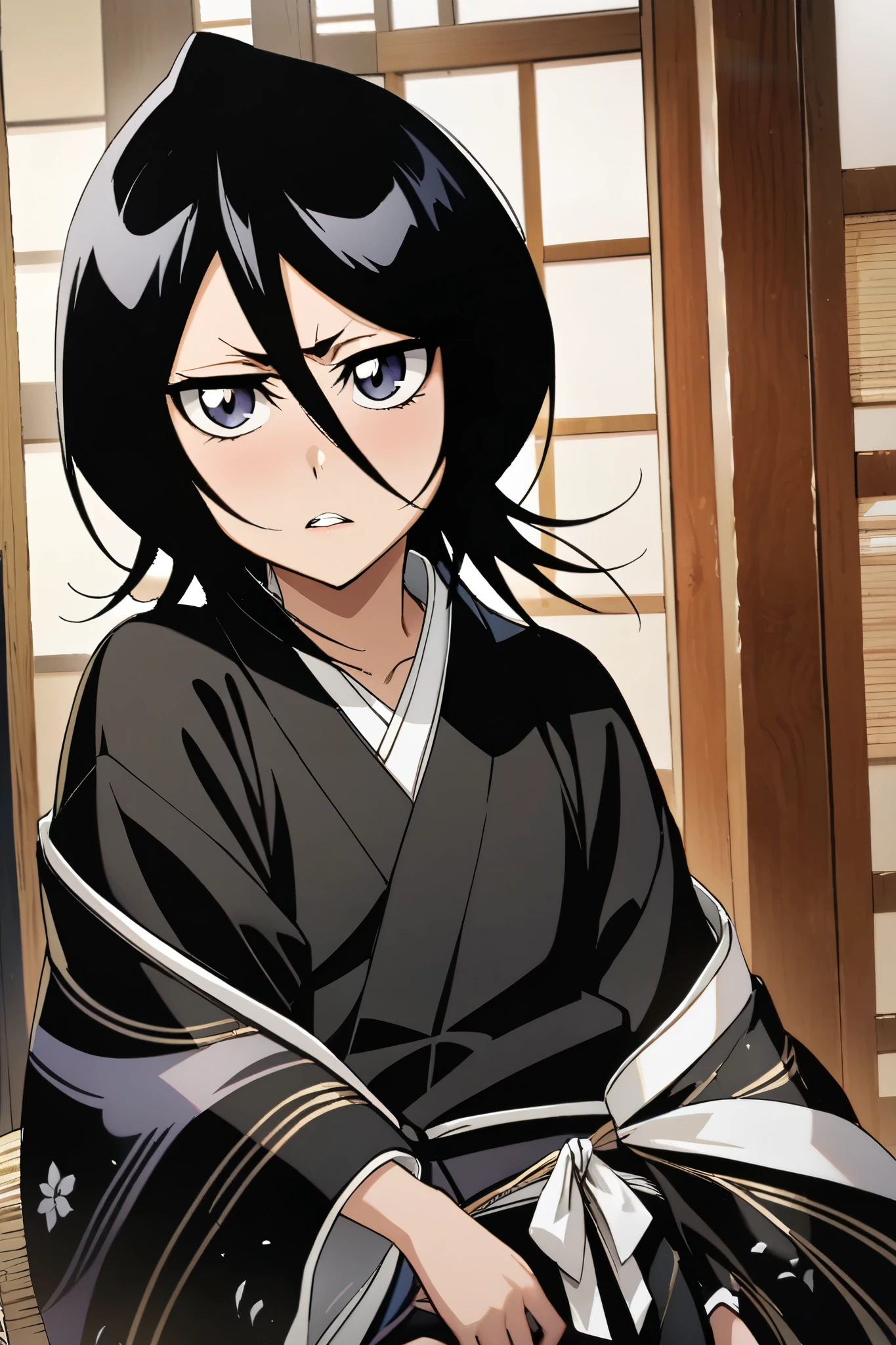 NSFW,masterpiece, top quality , high definition , very detailed, Kuchiki Rukia \(BLEACH\), short hair, black hair、 hair between eyes, kimono、 white ribbon 、Wide sleeves、kimono、黒いkimono,Japanese-style house