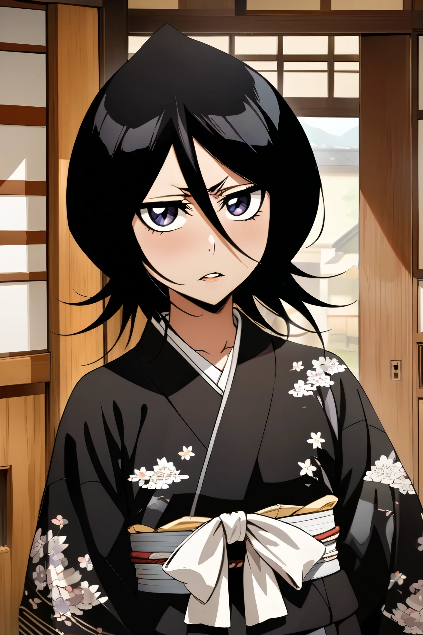 NSFW,masterpiece, top quality , high definition , very detailed, Kuchiki Rukia \(BLEACH\), short hair, black hair、 hair between eyes, kimono、 white ribbon 、Wide sleeves、kimono、黒いkimono,Japanese-style house