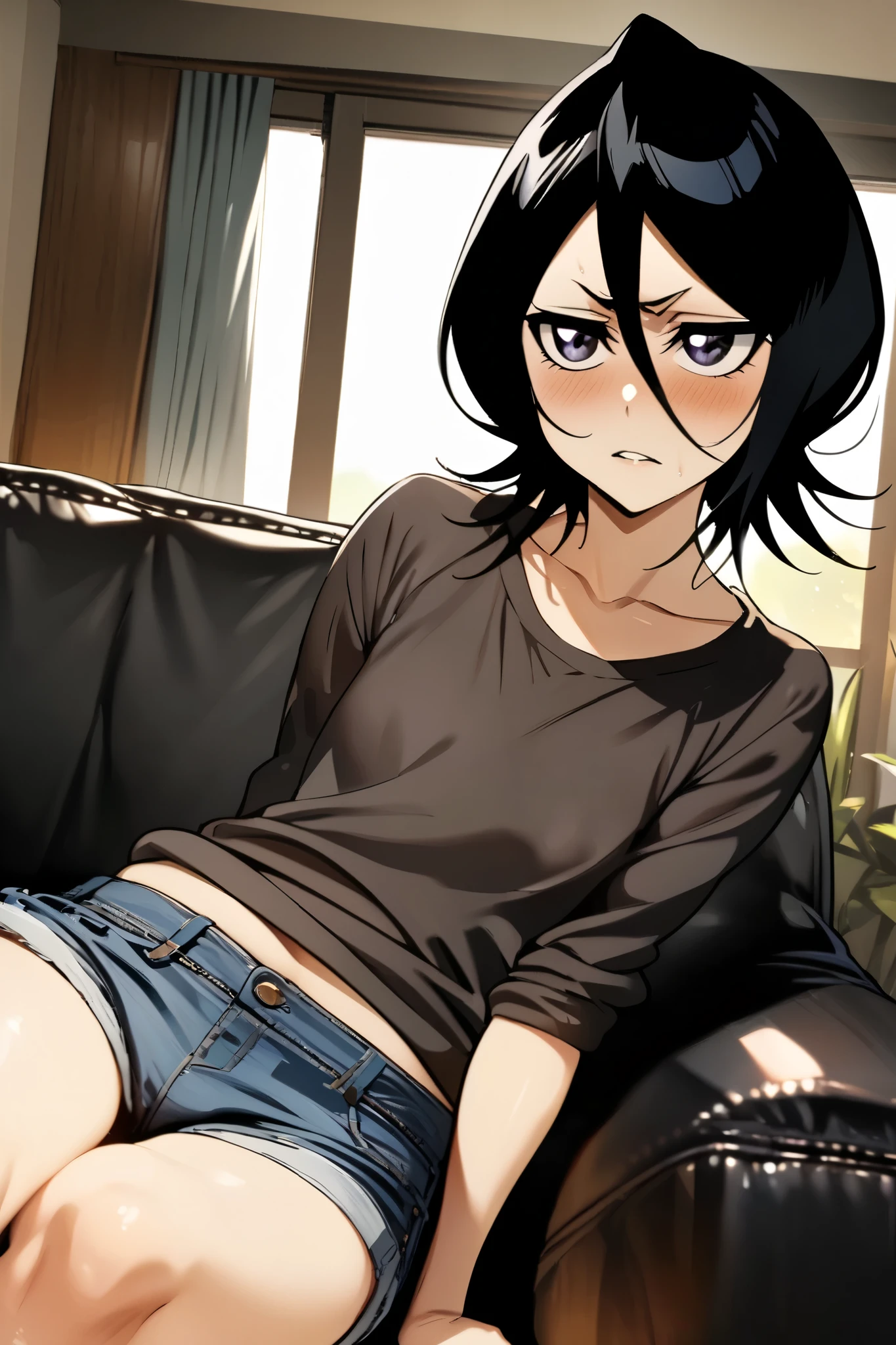 NSFW,masterpiece, top quality , high definition , very detailed, Kuchiki Rukia \(BLEACH\), short hair, black hair、 hair between eyes, Casual , Denim Shorts, living room,Sofa