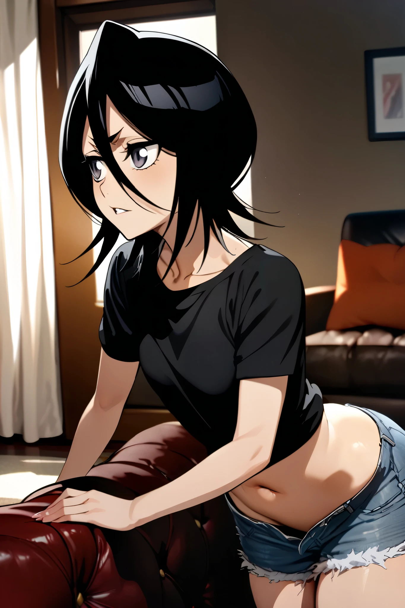 NSFW,masterpiece, top quality , high definition , very detailed, Kuchiki Rukia \(BLEACH\), short hair, black hair、 hair between eyes, Casual , Denim Shorts, living room,Sofa