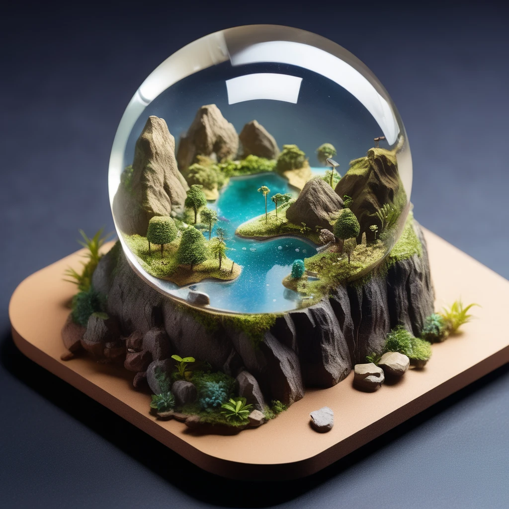 island in a crystal ball, miniature, landscape,on rock, isometric style, scenery 