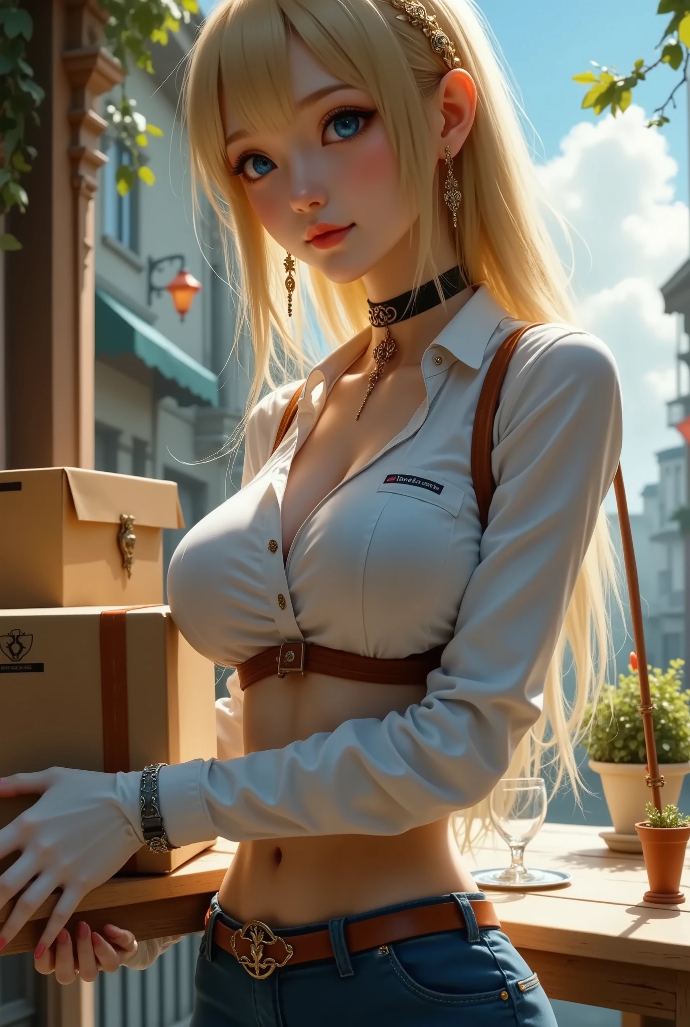 Female courier, Touring,  on the way to delivery , On the city streets,  high detail, 4K, masterpiece.