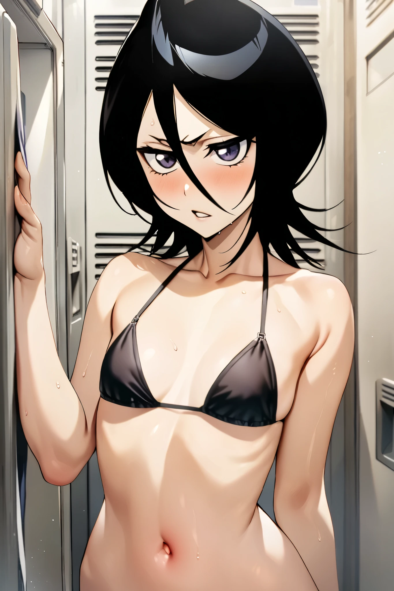 NSFW,masterpiece, top quality , high definition , very detailed, Kuchiki Rukia \(BLEACH\), short hair, black hair、 hair between eyes, bikini,locker room