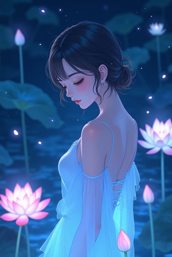 Her delicate appearance in the anime is a work of art, Eyelids closed, Body facing this way, The blue night enveloped her,  Every line and curve is engraved with fine detail. This woman is an exquisite drawing of light and shadow, color, Body Glow, Surrounded by beautiful lotus flowers, flash, Fluorescent particles, Backlight,   8K,  anime style , 
