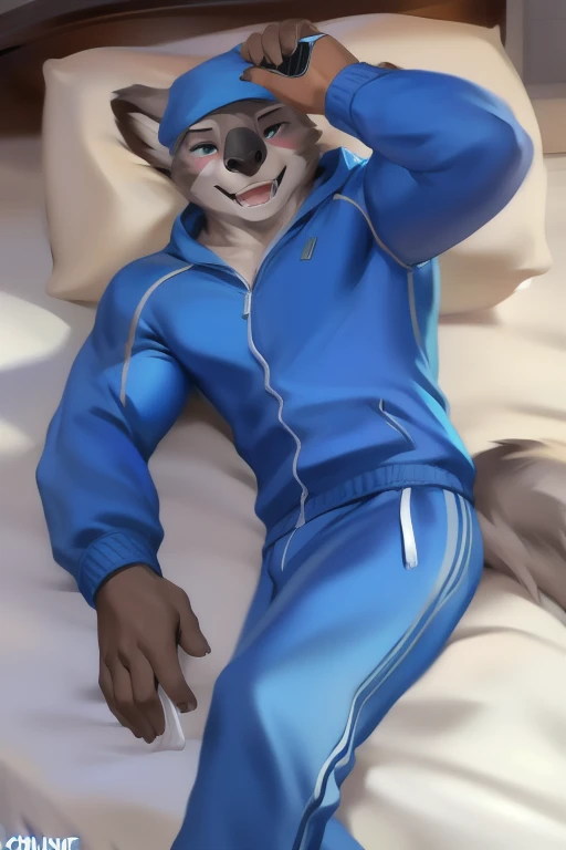 Anthropomorphic male black wolf, red eyes, fullbody view, solo, seen from above, lying on sofa, livingroom, digital art, wearing a lifted light blue t-shirt, blue thigh high socks with white stripes and a small translucid panties, tongue out, hands back the head, naughty face, sfw version, half eyes closed, one eyebrown lifted, opend legs, erection under clothes, looking at viewer, front view
