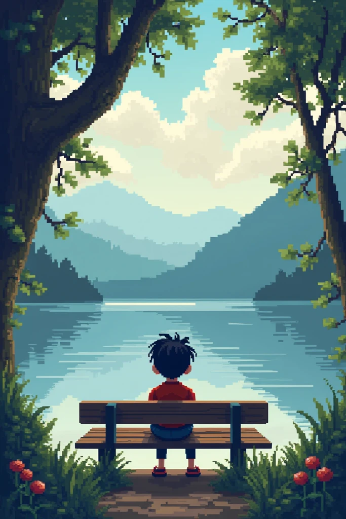 A sad boy sitting on the bunch of lake Pixel Art Style 