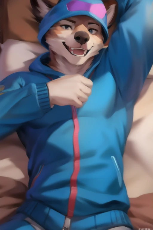 <lora:tanabe-06:1.2>, tanabe, male, smile, (pose:1.3), (posing:1.3), (soft shading), 4k, hi res, ((detailed face, (brown eyes), detailed)), (full body), by zackarry911, by zaush, (by personalami:0.5), lying, red panda, high-angle view, bed, solo, looking at viewer, smile, shirt, 1boy, male focus, glasses, pants, blue shirt, muscular male, bara, white pants, black fur,