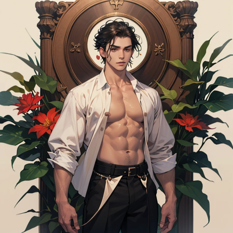 (absurdres, highres, ultra detailed), (1 male, solo, adult, mature, aged up, tall muscular guy, broad shoulders, handsome), wavy brown hair, green eyes, (angular jaw, thick neck, thick eyebrows), BREAK, forest, fantasy, Uniform, extremely detailed face, upper body, He is a young man with white skin, dotted with delicate freckles that focus on her nose and cheekbones, conferindo-lhe um ar de jovialidade e charme. Seus cabelos ruivos, intensos e vibrantes, are one of its most striking characteristics. Hair is combed to the side, revelando uma testa limpa e um olhar penetrante, and grows longer at the back, criando um visual estiloso e distintivo.The eyes are a deep dark blue, como o oceano em dias de tempestade, contrastando de forma cativante com a palidez de sua pele. Your face has angelic features, with soft, well-defined features, that exude an almost ethereal beauty.He is tall and slender, com um corpo magro mas surpreendentemente bem definido, suggesting a hidden strength beneath the delicate appearance. Your clothes are always tight, molding perfectly to the body's lines, destacando sua silhueta esbelta e elegante. Every piece of clothing seems chosen to accentuate your figure, giving it a striking and undeniably attractive presence.