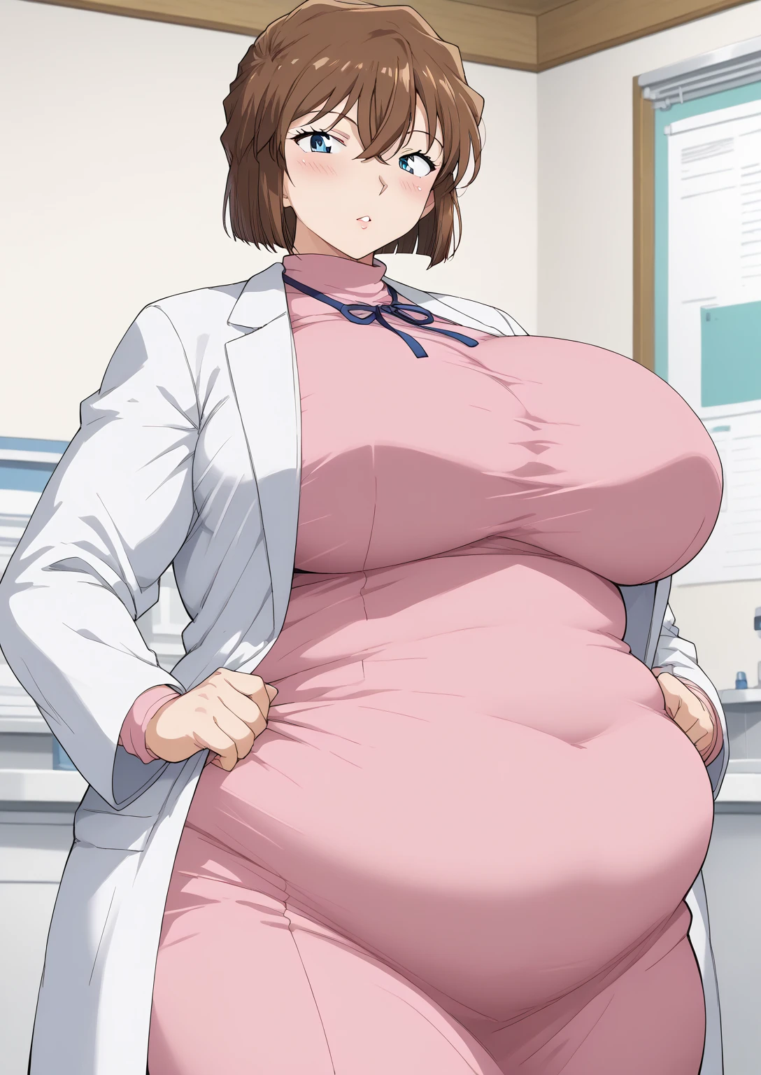 Shiho Miyano, Miyano Shiho, short hair,Brown Hair, blue eyes,hair between eyes,lab coat, Mulberry dress, long sleeve dress, mini skirt dress, score_9,   score_8_ up,   score_7_ up,   score_6_ up,   score_5_ up,   score_4_ up,     masterpiece   ,   top quality,     very aesthetic  ,    absurd,    source_Anime, Anime screencap,    one woman , Alone,   personal   ,  Super huge breasts, (((S uper huge クレビス, Super huge , Super huge boob))), Curvy,   in her 20s,  Mature Woman,   obese , ,  troubled expression,  