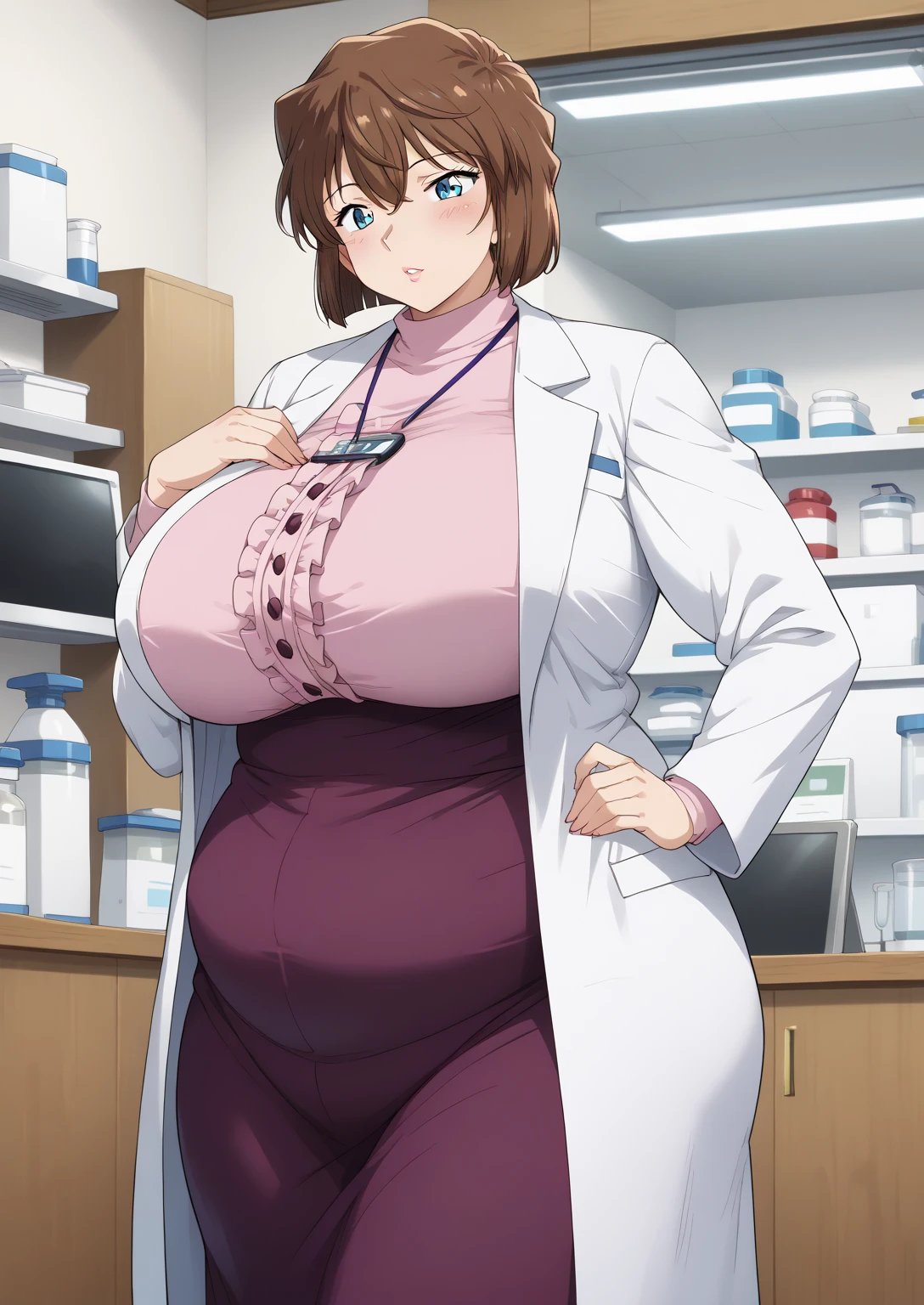 Shiho Miyano, Miyano Shiho, short hair,Brown Hair, blue eyes,hair between eyes,lab coat, Mulberry dress, long sleeve dress, mini skirt dress, score_9,   score_8_ up,   score_7_ up,   score_6_ up,   score_5_ up,   score_4_ up,     masterpiece   ,   top quality,     very aesthetic  ,    absurd,    source_Anime, Anime screencap,    one woman , Alone,   personal   ,  Super huge breasts, (((S uper huge クレビス, Super huge , Super huge boob))), Curvy,   in her 20s,  Mature Woman,   obese , ,  troubled expression,  