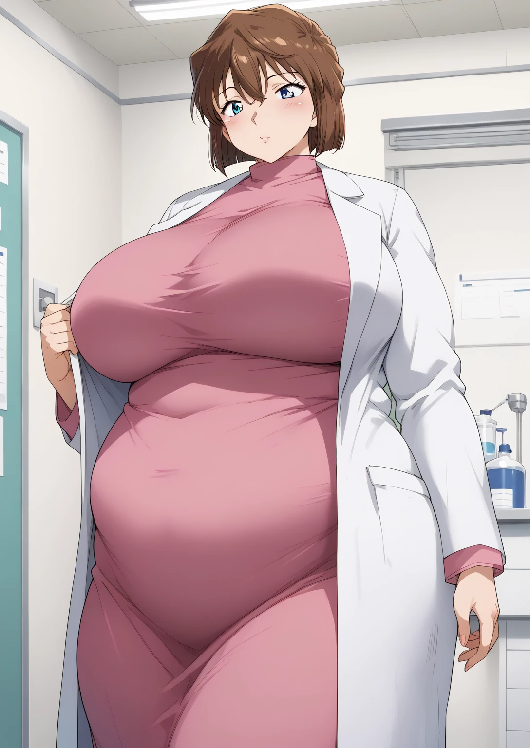 Shiho Miyano, Miyano Shiho, short hair,Brown Hair, blue eyes,hair between eyes,lab coat, Mulberry dress, long sleeve dress, mini skirt dress, score_9,   score_8_ up,   score_7_ up,   score_6_ up,   score_5_ up,   score_4_ up,     masterpiece   ,   top quality,     very aesthetic  ,    absurd,    source_Anime, Anime screencap,    one woman , Alone,   personal   ,  Super huge breasts, (((S uper huge クレビス, Super huge , Super huge boob))), Curvy,   in her 20s,  Mature Woman,   obese , ,  troubled expression,  