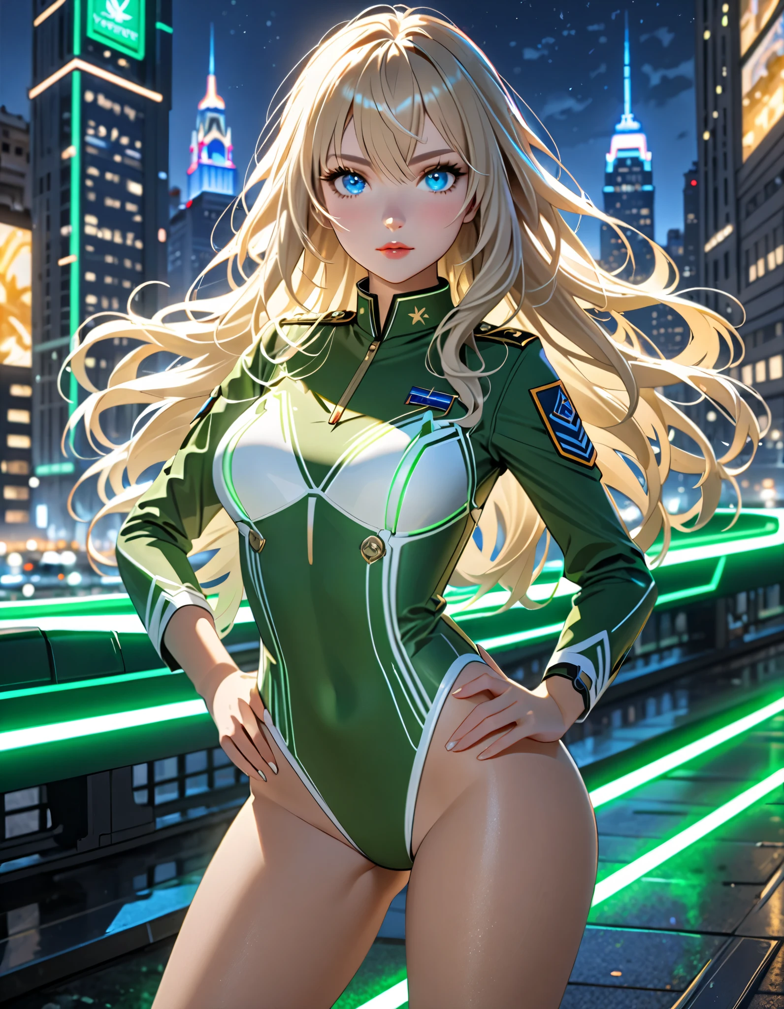 best quality, masterpiece, highres, solo, solo focus, 1lady, semi-realistic, dynamic heroic pose, standing straight, blonde hair, blue eyes, beautiful detailed eyes, beautiful detailed face, perfect hands, sexy us military officer, dressed in a green and white leotard, city backdrop, neon edge lighting, highly detailed, professional, bare legs, matching boots, ankle-high boots, full body shot, hands on hip, medium hair, hair down, nighttime.
