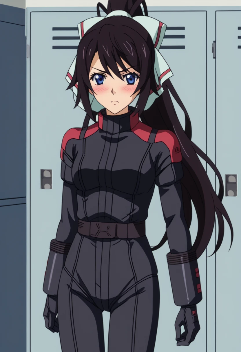 Z Gundam pilot suit, ( black pilot suit for piloting a machine:1.5) 、,score_9、 score_8_ up、 score_7_ up、 Destroys Top Quality 、 Refined details 、  Source Anime  、  1 girl、、solo、Houki Shinonono、 long hair、 blue eyes、 black hair、ribbon、ヘアribbon、 ponytail、、locker room,、serious、blush