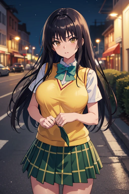 shirt lift,masterpiece,  top quality , defYui,  Yellow sweater vest,  white shirt, Short sleeve,  green bow tie,   plaid miniskirt to make up for embarrassment,  Big Breasts ,  outdoors on the street at night, cityscape,  blue sky, Irritation,  Watch viewers,  cowboy shot,  head tilt 